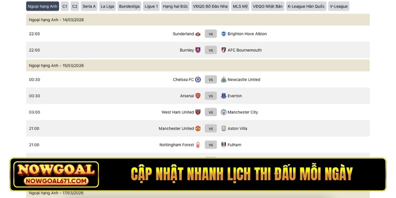Cập nhật nhanh lịch thi đấu mỗi ngày